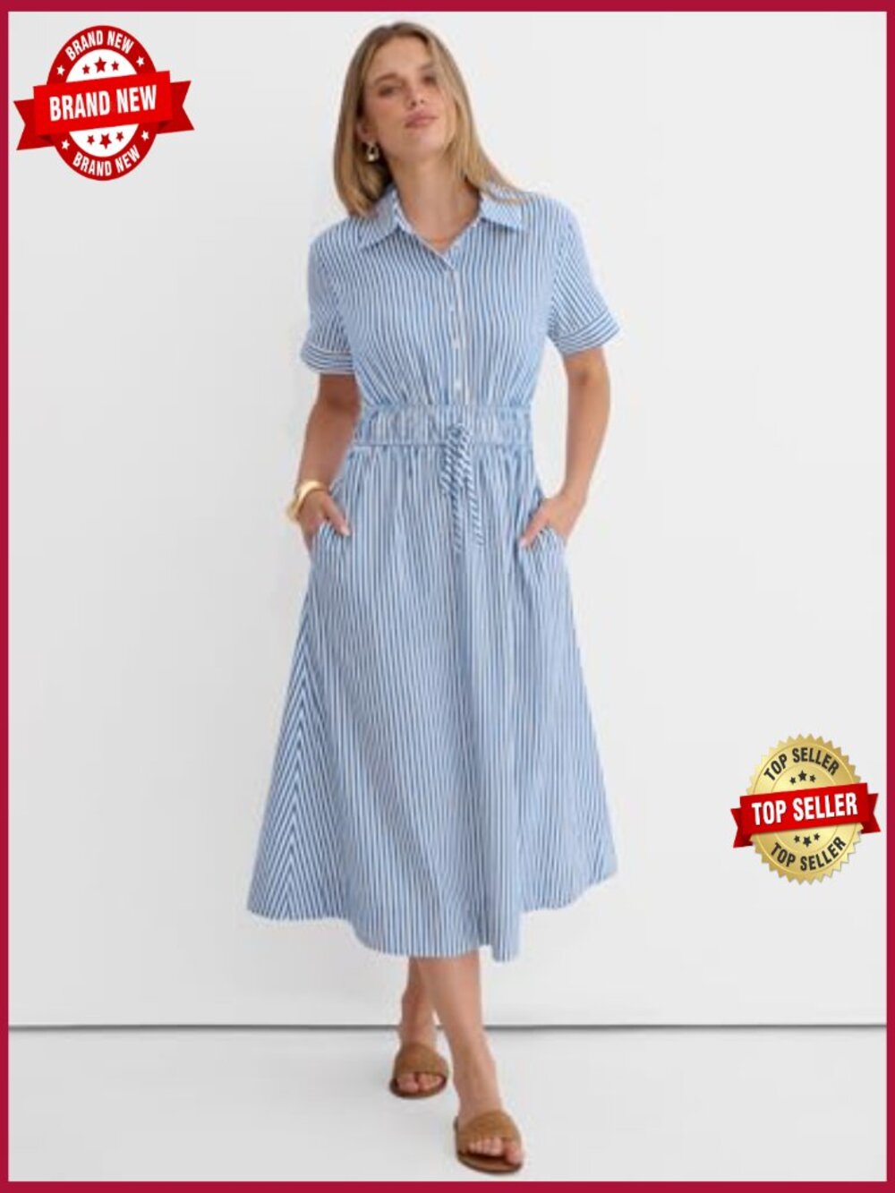 Striped Button Down Midi Dress with Pockets - Picture 2 of 7